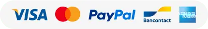 Méthodes de paiement acceptées : logos Visa, Mastercard, PayPal, Bancontact et American Express